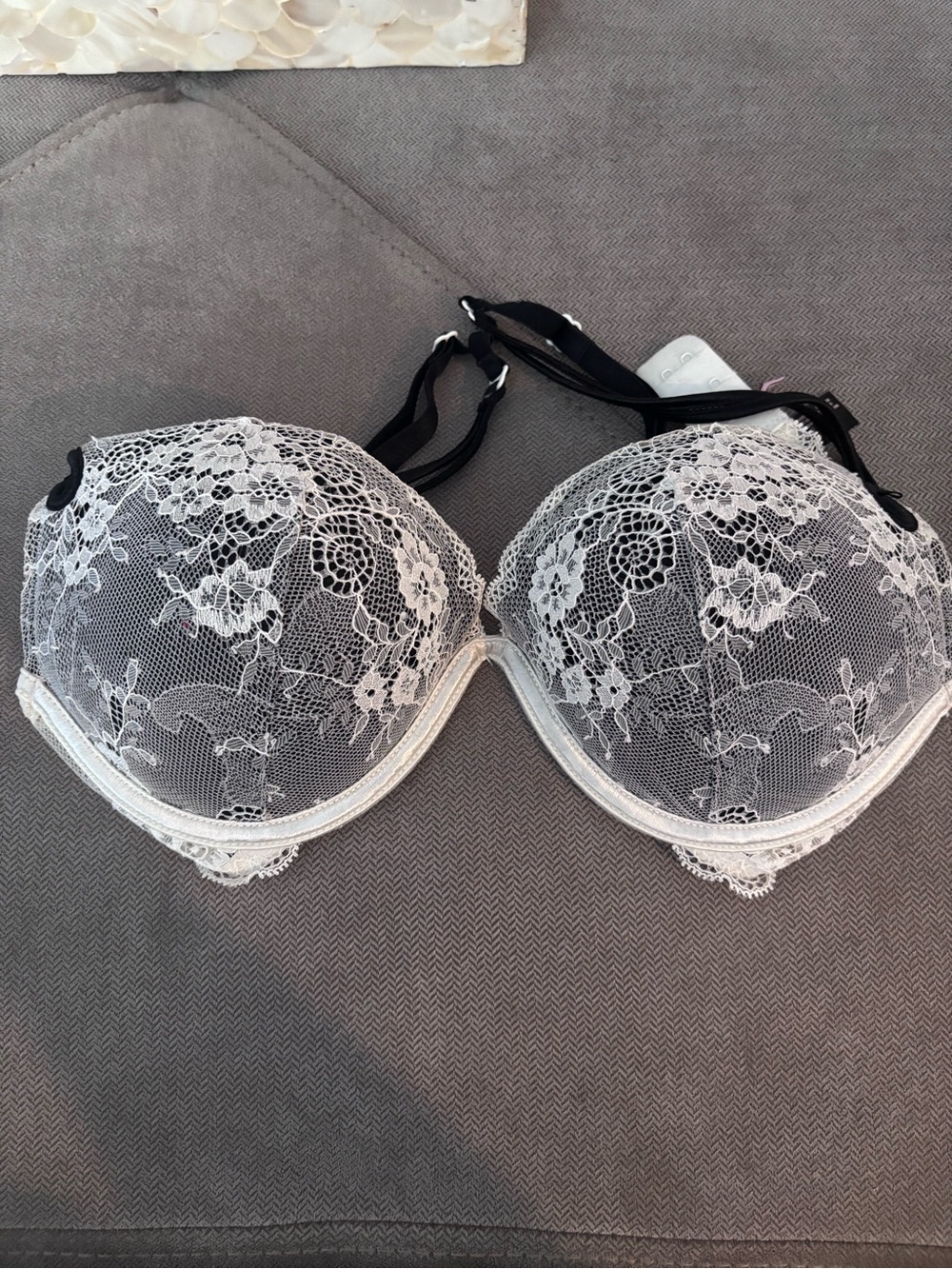 Victoria's Secret White Lace Push-Up Bra with Black Straps
